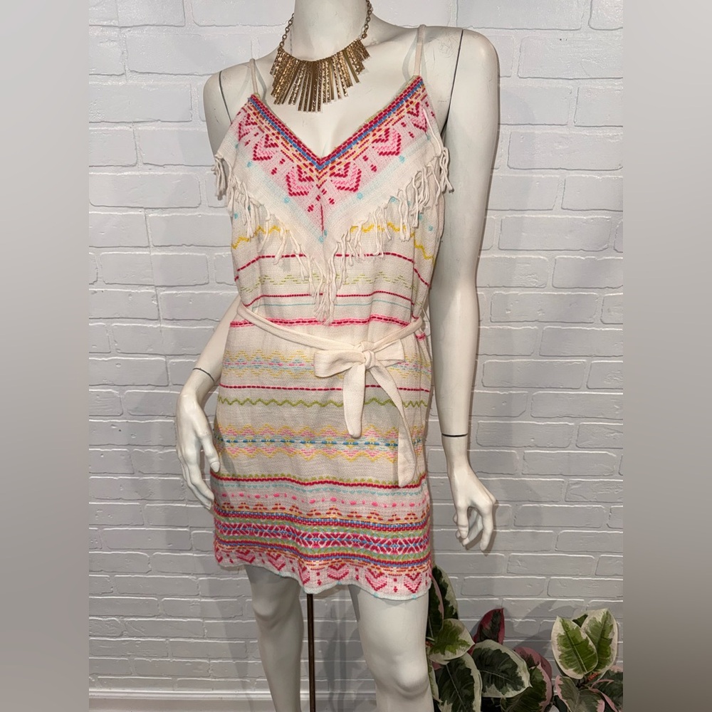 Amanda Uprichard White Fringe Knit Dress with Pink & Multicolor Embroidery